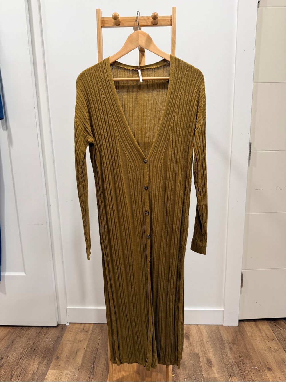 Free People Olive-Green Ribbed Button-Front Long Cardigan